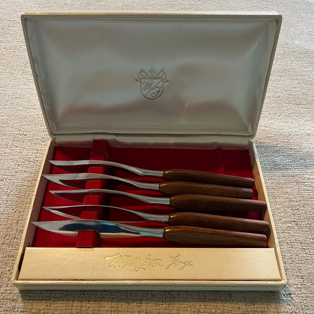 Vintage Washington Forge Steak Knife Set 5 Piece Wood Handle Mid Century MCM Box